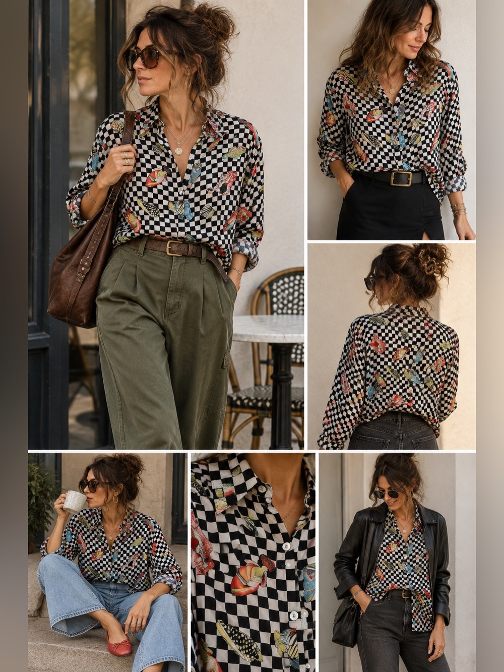 Vtg 100% silk button up sea shell  black and white checkered top